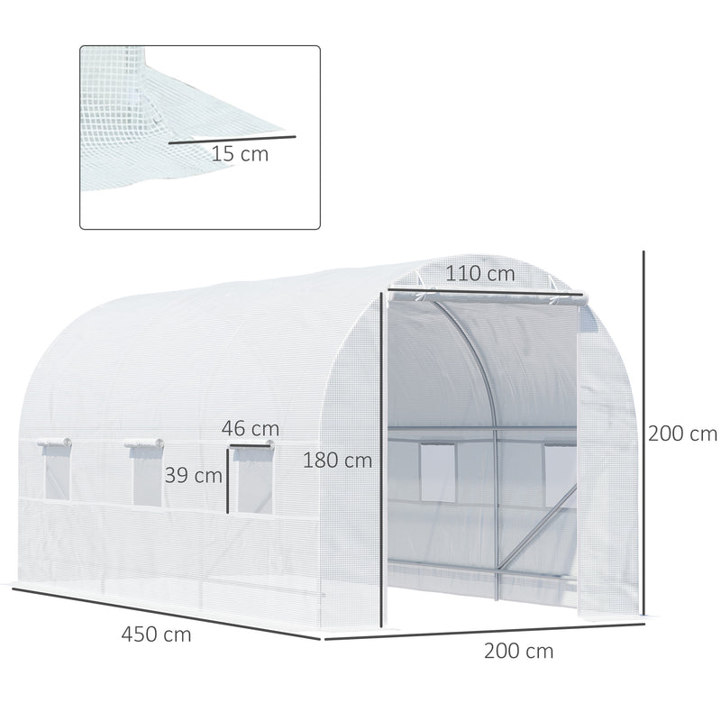 Estufa tipo Túnel 450x200x200 cm Estufa de Jardim com Porta Enrolável e 6 Janelas Cobertura de PE 140 g/m² Anti-UV Estrutura de Metal para Cultivo de Plantas Verduras Branco