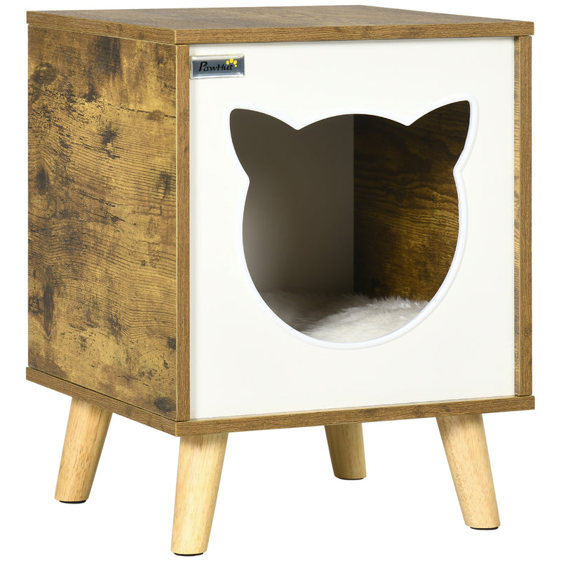 Casa de Madeira para Gatos Casa para Gatos Interior Caverna para Gatos com Almofada Lavável e Pés Elevados 34x34x44, cm Marrom