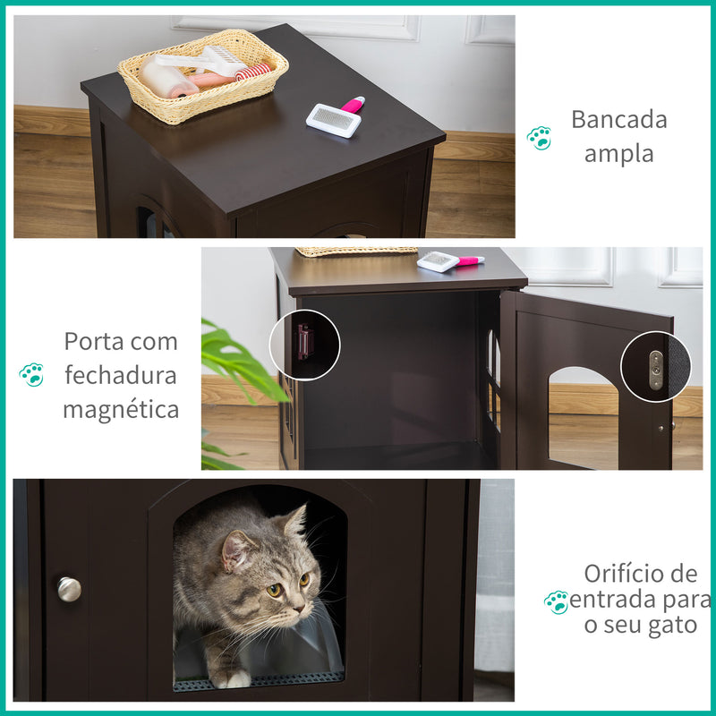 Casa para Gatos de Madeira Móvel para Caixa de Areia para Gatos 2 em 1 com Armário de Armazenamento Bancada Ampla Porta e 3 Janelas Cruzadas 48,7x53,3x53 cm Marrom