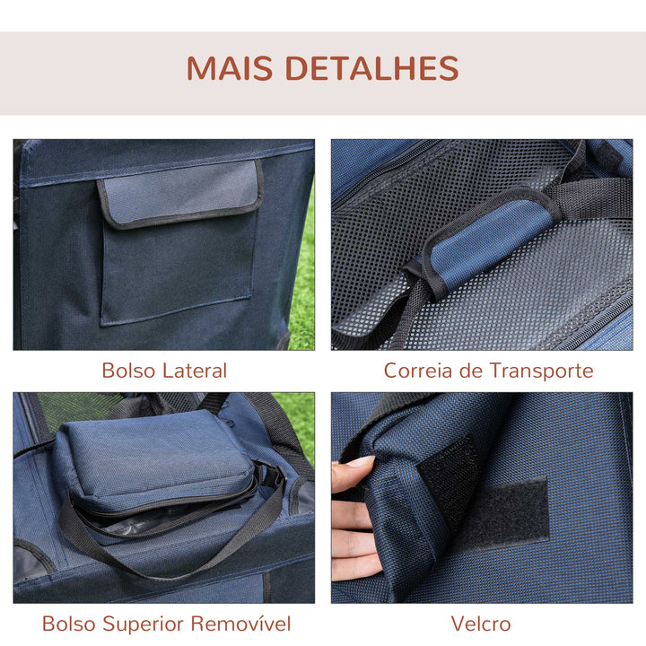Transportadora para animais de estimação Portátil e Transpirável Dobrável com Almofada 3 Portas e Janela de Malha 2 Bolsos 60x41,5x41cm Azul Escuro