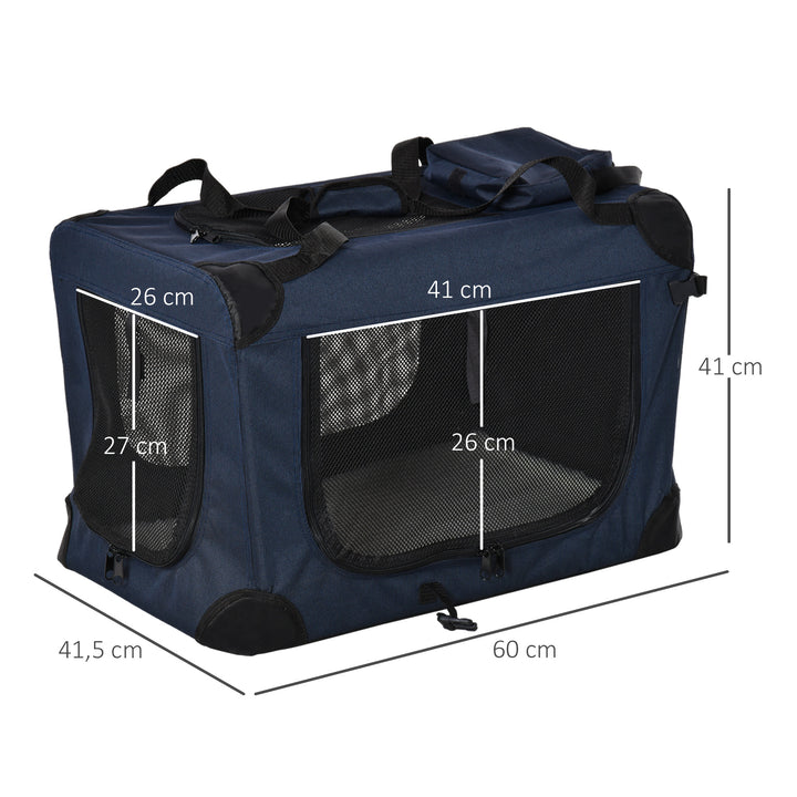 Transportadora para animais de estimação Portátil e Transpirável Dobrável com Almofada 3 Portas e Janela de Malha 2 Bolsos 60x41,5x41cm Azul Escuro
