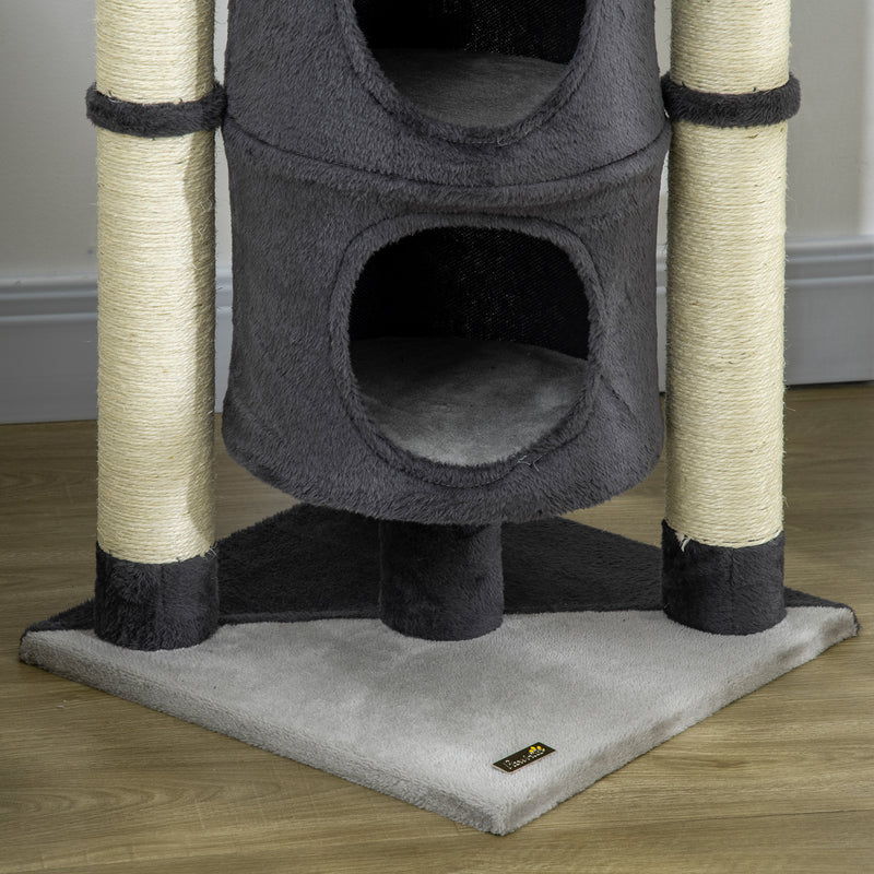 Árvore Arranhador para Gatos 114cm Barril Arranhador para Gatos de 2 Níveis com Plataforma Postes de Juta e Bola Suspensa 39x39x114cm Cinza