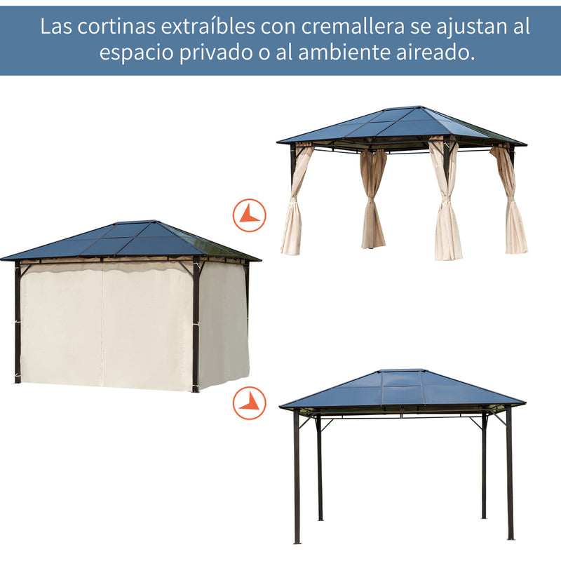 Gazebo de jardim 3,65x3 m Pavilhão de aço com telhado de policarbonato de 6 mm Proteção UV 50+ e 4 cortinas laterais Bege