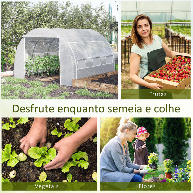 Estufa Tipo Túnel 3x3x2m Estufa de Jardim com Porta Enrolável 6 Janelas Cobertura de PE 140g/m² e Metal Galvanizado para Cultivos de Plantas Verduras Branco