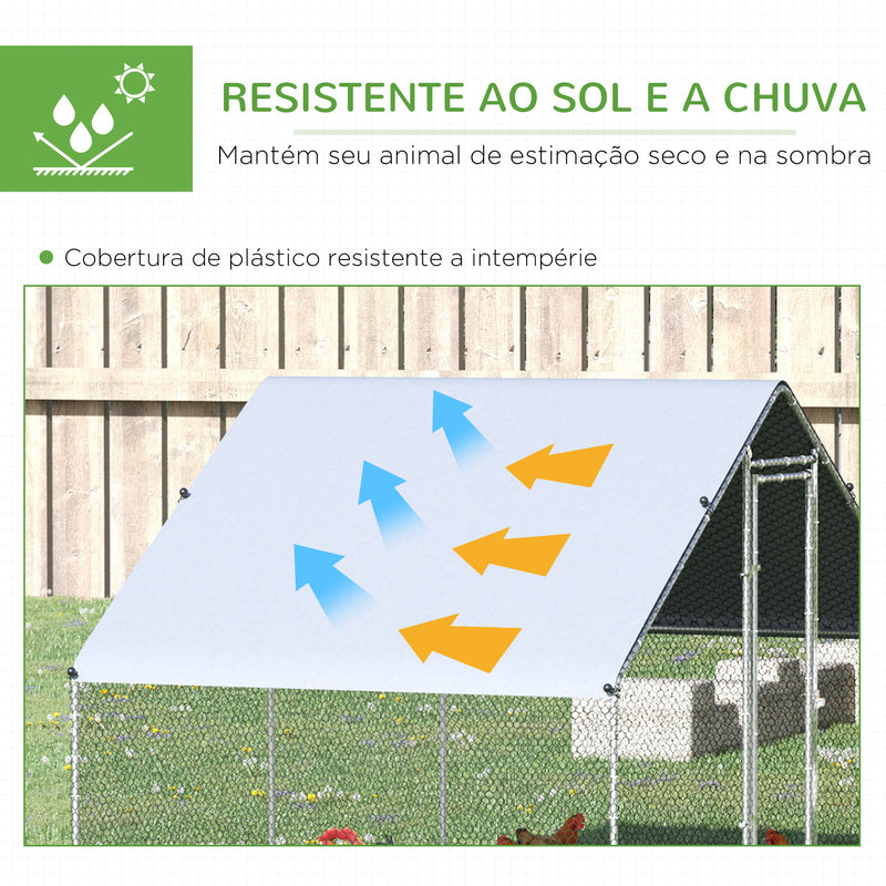 Galinheiro de Exterior Grande 3x2x2m Gaiola para 4-6 Galinhas de Aço Galvanizado com Teto de PE e Fechadura para Coelhos Prata