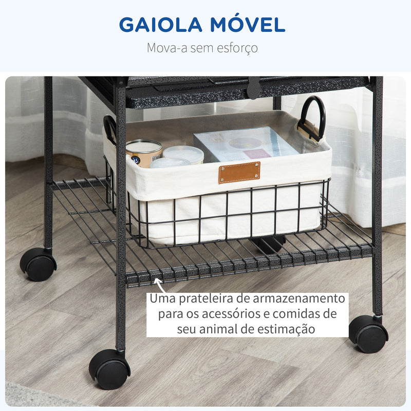 Gaiola para Pássaros com Suporte e Rodas 62,5x62,5x156cm Gaiola Metálica para Aves com Ponte de Arco 2 Poleiros 4 Comedouros 2 Bandejas Removíveis e Prateleira Inferior Cinza