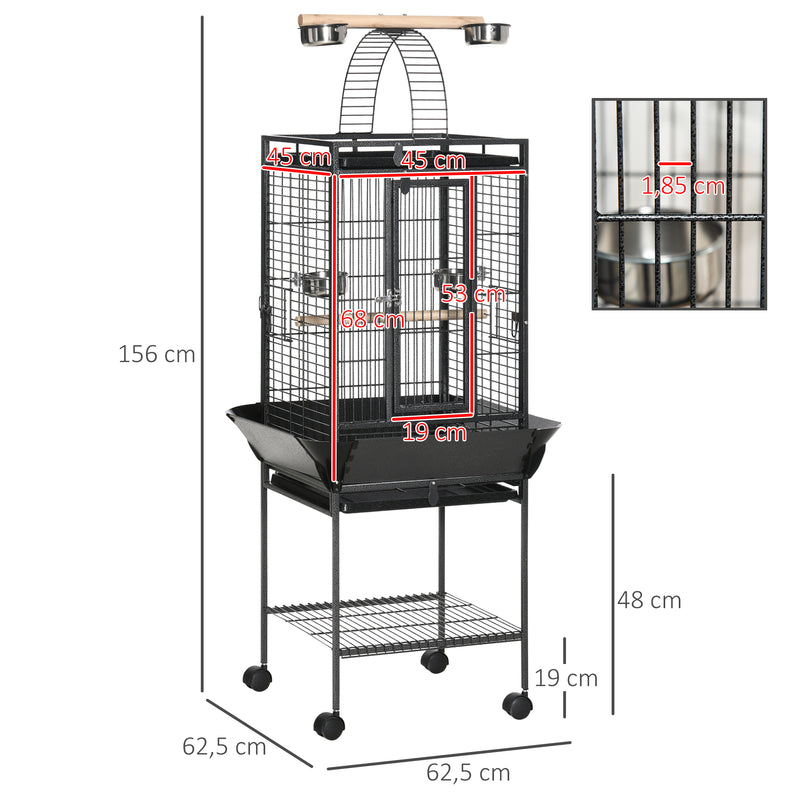 Gaiola para Pássaros com Suporte e Rodas 62,5x62,5x156cm Gaiola Metálica para Aves com Ponte de Arco 2 Poleiros 4 Comedouros 2 Bandejas Removíveis e Prateleira Inferior Cinza