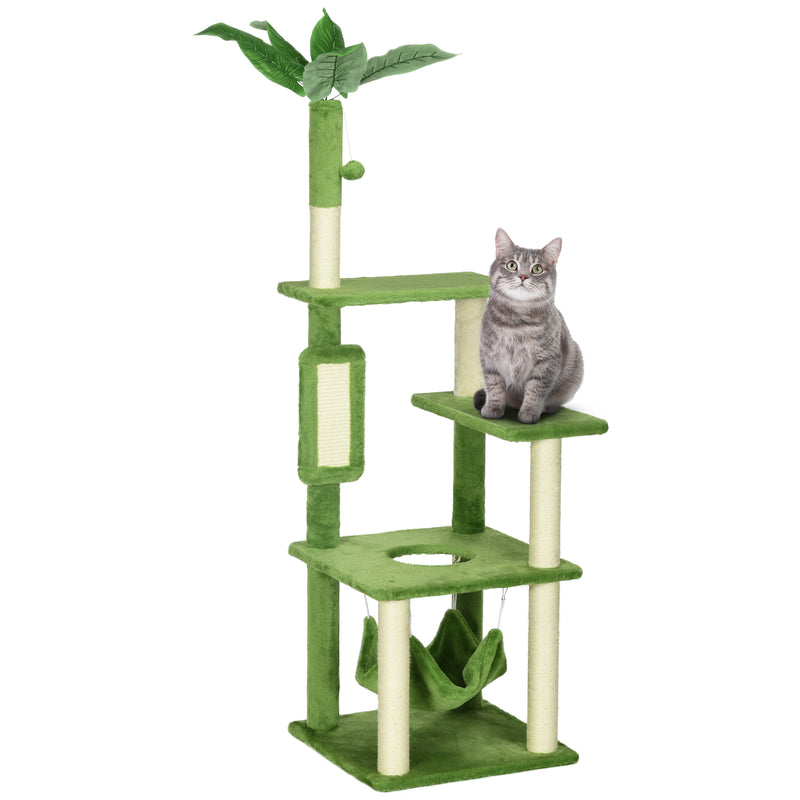 Arranhador de Gatos Grande de 142 cm Torre para Gatos com Postes de Sisal Plataformas Rede Folhas e Bola de Brinquedo Ø49x142 cm Verde