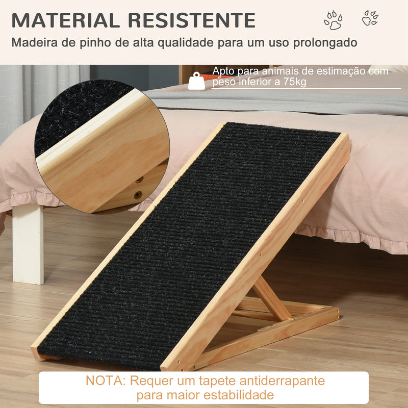 Rampa Dobrável para Cães e Gatos de Madeira com Altura Ajustável de 4 Níveis e Tapete Antiderrapante Escada para Animais de estimação para Cama Sofá 90x40x61cm Natural e Preto