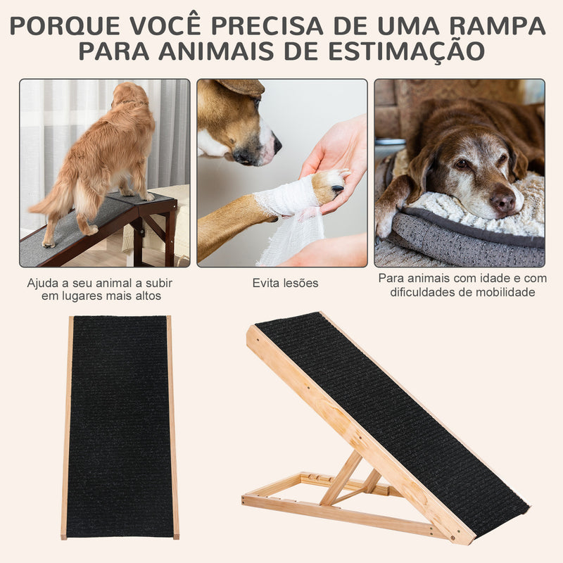 Rampa Dobrável para Cães e Gatos de Madeira com Altura Ajustável de 4 Níveis e Tapete Antiderrapante Escada para Animais de estimação para Cama Sofá 90x40x61cm Natural e Preto