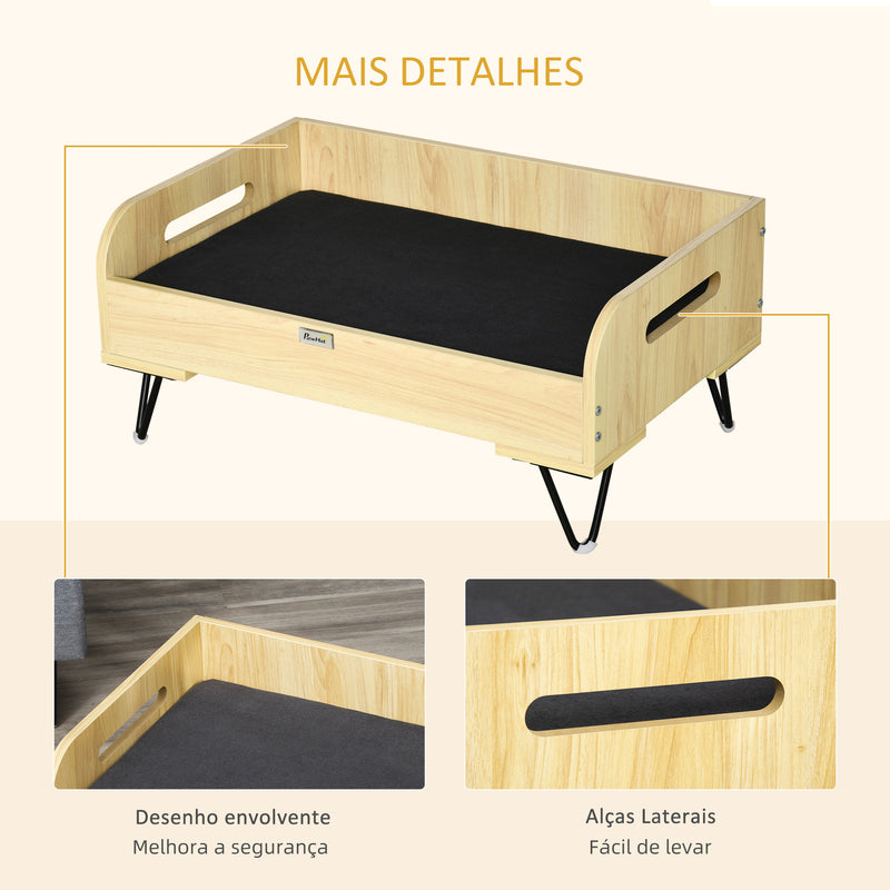 Sofá de Madeira para Cães Gatos Cama para Animais de Estimação Pequenos com Almofada Acolchoada Removível Alças e Pés Elevados de Aço 70x45x32cm Carvalho e Preto