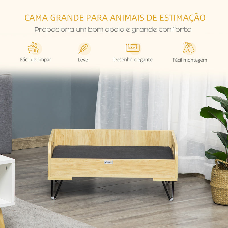 Sofá de Madeira para Cães Gatos Cama para Animais de Estimação Pequenos com Almofada Acolchoada Removível Alças e Pés Elevados de Aço 70x45x32cm Carvalho e Preto