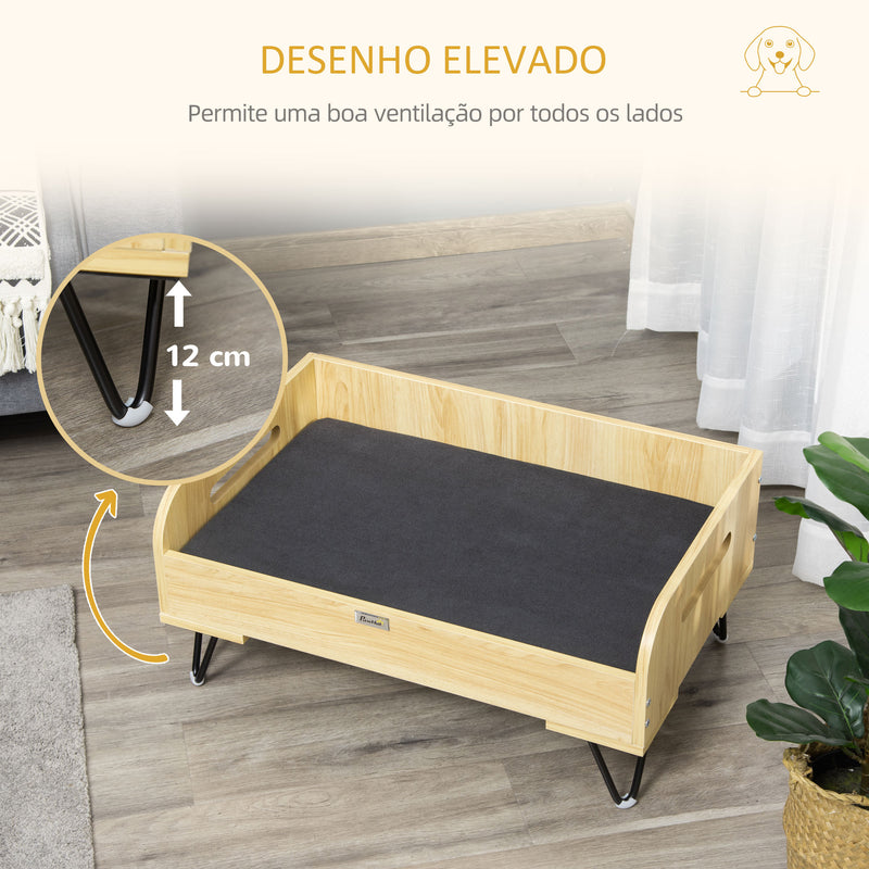 Sofá de Madeira para Cães Gatos Cama para Animais de Estimação Pequenos com Almofada Acolchoada Removível Alças e Pés Elevados de Aço 70x45x32cm Carvalho e Preto