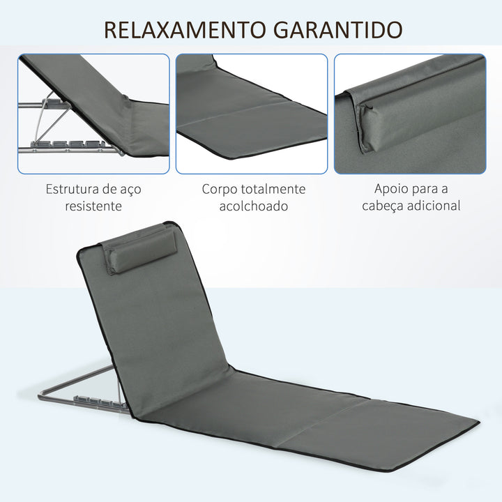 Conjunto de 2 Esteiras de Praia Dobráveis 124x53x50cm com Encosto Ajustável e Apoio para a Cabeça Esteira de Praia Tecido Oxford Aço com Bolsa de Transporte Cinza