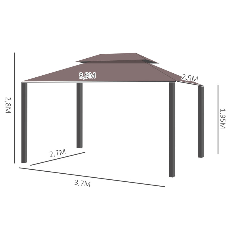 Pérgola de Jardim 4x3m Pérgola de Alumínio com Teto de Ventilação 4 Cortinas Laterais Tela Mosquiteira e 8 Orifícios de Drenagem para Exterior Pátio Festas Marrom