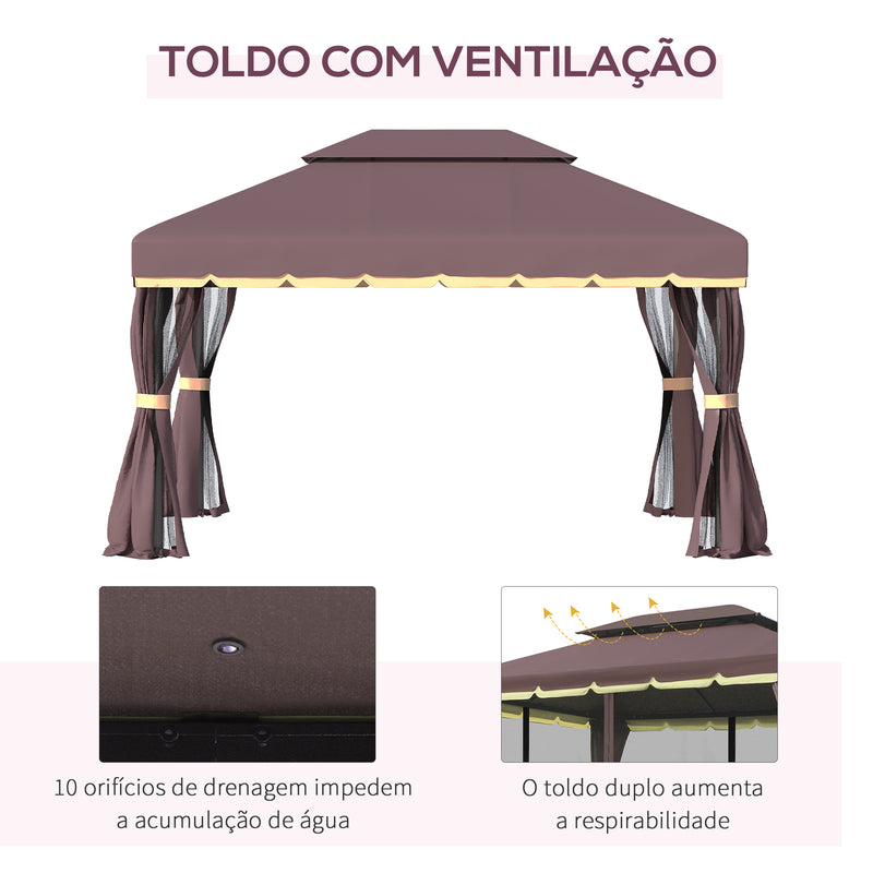 Pérgola de Jardim 4x3m Pérgola de Alumínio com Teto de Ventilação 4 Cortinas Laterais Tela Mosquiteira e 8 Orifícios de Drenagem para Exterior Pátio Festas Marrom