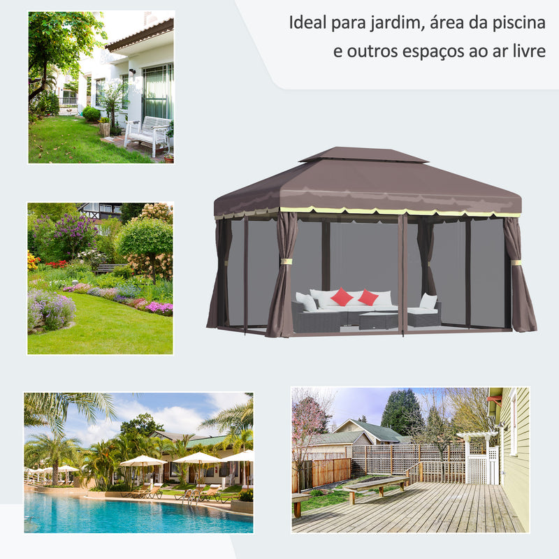 Pérgola de Jardim 4x3m Pérgola de Alumínio com Teto de Ventilação 4 Cortinas Laterais Tela Mosquiteira e 8 Orifícios de Drenagem para Exterior Pátio Festas Marrom