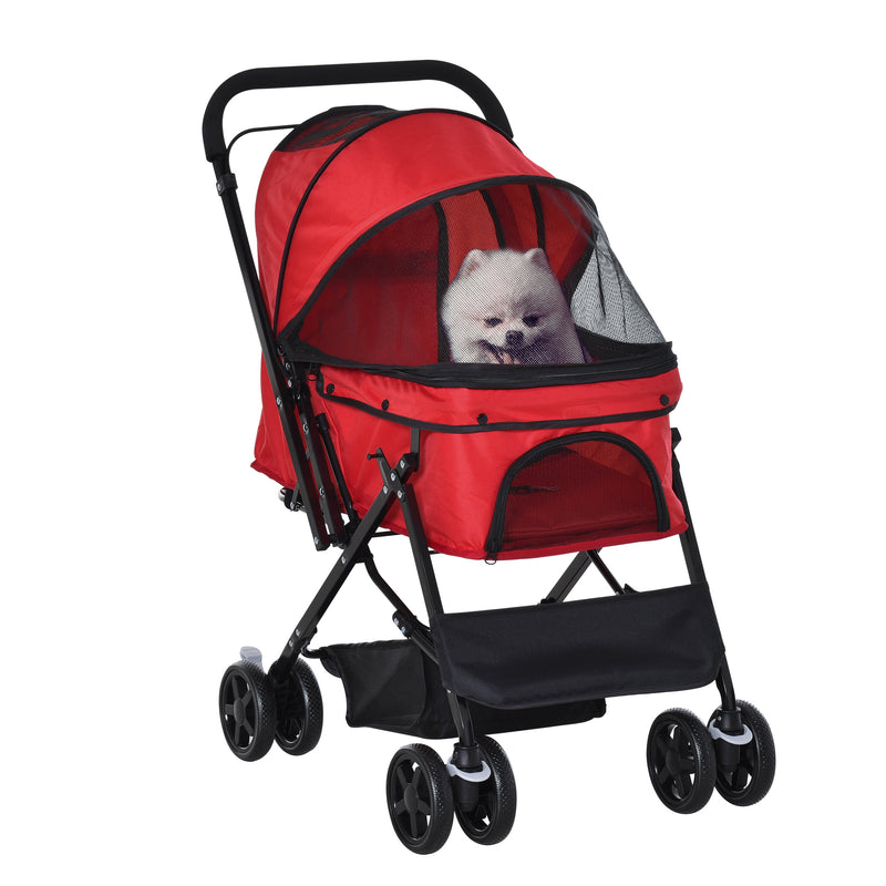 Carrinho para Animais de Estimação Dobrável Carro para Cães e Gatos com Capô Ajustável Cesta de Armazenamento Cinto de Segurança Tecido Oxford 600D Aço 76,5x52x95cm Vermelho