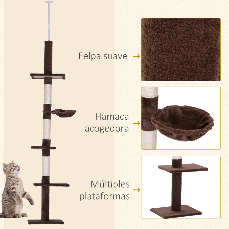 Árvore Arranhadora para Gatos Arranhador para Fixar ao Teto Altura Ajustável com Plataformas Poste de Sisal 40x34x230-260cm Marrom