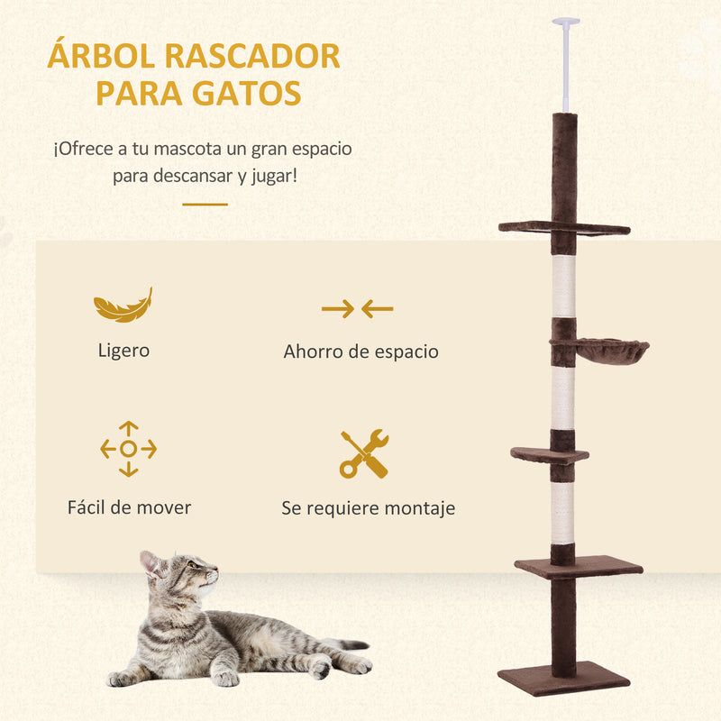 Árvore Arranhadora para Gatos Arranhador para Fixar ao Teto Altura Ajustável com Plataformas Poste de Sisal 40x34x230-260cm Marrom