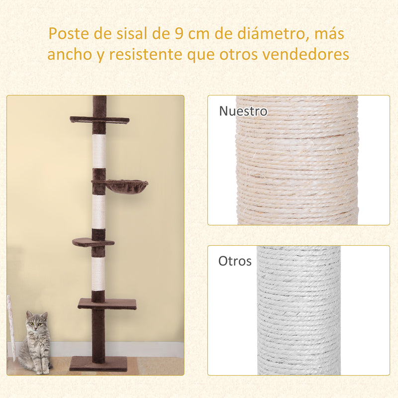 Árvore Arranhadora para Gatos Arranhador para Fixar ao Teto Altura Ajustável com Plataformas Poste de Sisal 40x34x230-260cm Marrom