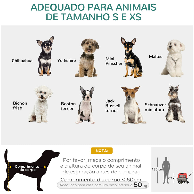 Reboque de Bicicleta para Cães 2 em 1 Carrinho para Animais de Estimação com Cinto de Segurança Guiador de Empurre Removível Bandeira e Refletores Carga Máxima 10kg 129x55,5x92cm Vermelho