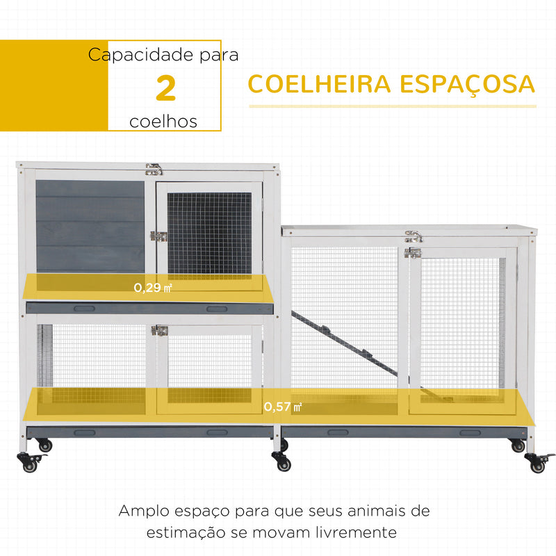 Coelheira de Madeira com Rodas 147x45,5x88,5cm Gaiola para Coelhos de 2 Níveis com Teto Abatível 2 Cercados de Metal 3 Bandejas Removíveis 3 Portas com Trava e Rampa Cinza