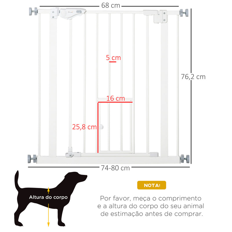 Barreira de Segurança para Cães Animais de Estimação 74-80cm para Escadas Portas e Corredor com Porta com Fechamento Automático e Sistema de Duplo Bloqueio Altura 76,2cm Branco