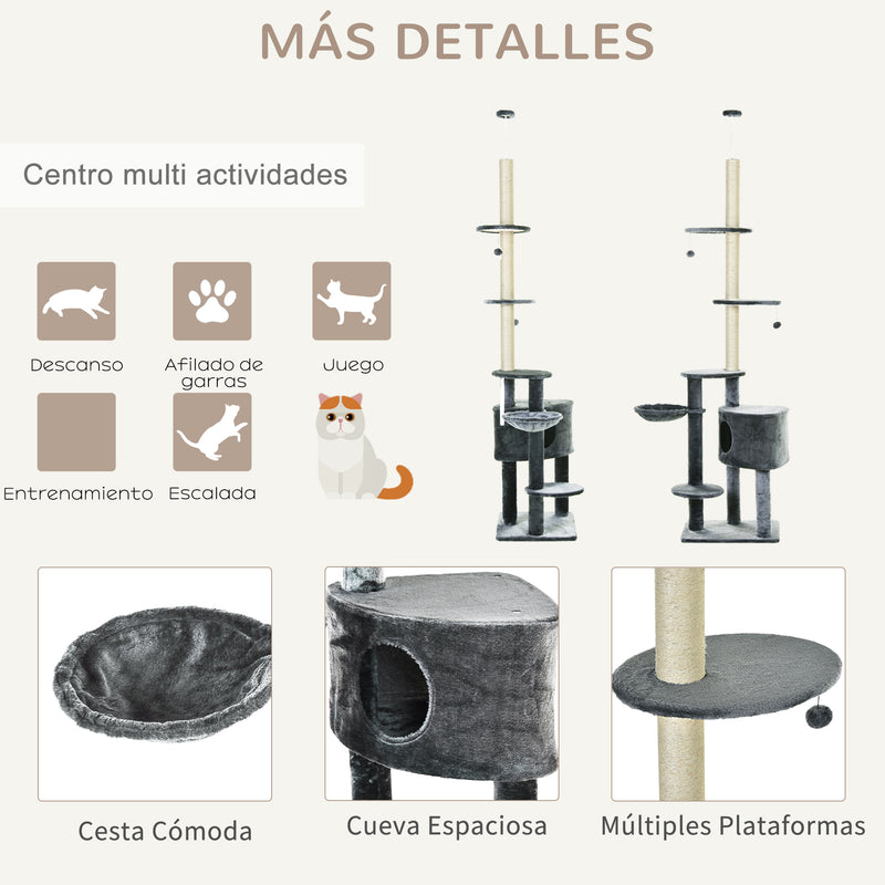 Árvore para arranhar para gatos 220-245 cm Altura Ajustável ao Teto com Plataformas Cinza Escuro