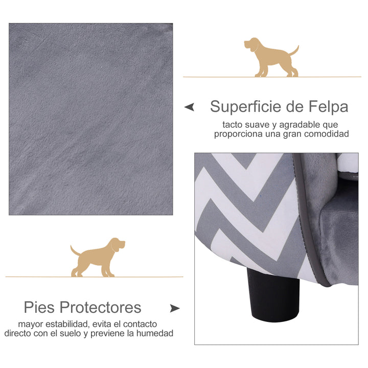 Sofá para animais de estimação acolchoado de madeira com almofadas grossas e bolso de armazenamento 68,5x40,5x40,5 cm cinza