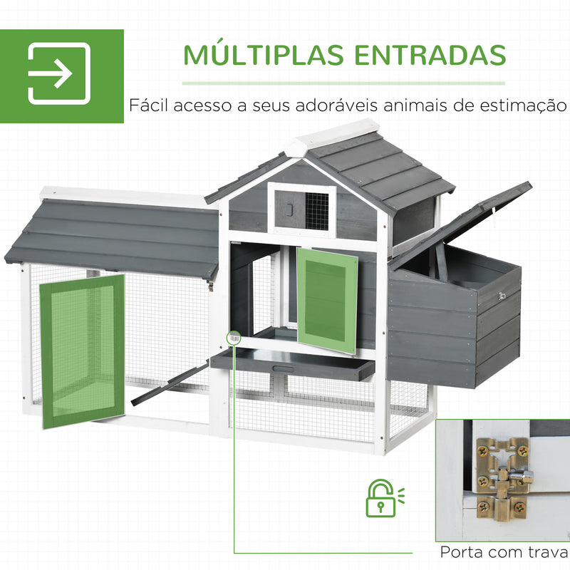 Galinheiro de Madeira para Exterior Gaiola para 2-3 Galinhas com Cercado de Arame Teto Abatível Caixa Ninho Bandeja Removível e Rampa 150,5x54x87cm Cinza e Branco