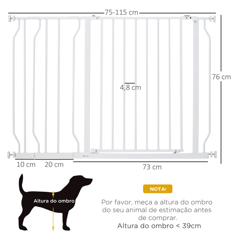 Barreira de Segurança para Cães Extensível para Escadas e Portas 75-115cm com 2 Extensões e 10-20cm Montagem a Pressão Aço Altura 76cm Branco