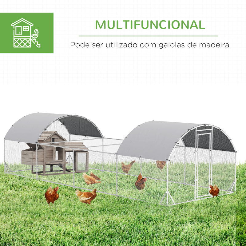 Galinheiro Exterior de Aço Galvanizado 7,6x2,8x1,95m Galinheiro Grande com 4 Ambientes Teto Coberto e Grade para 20-24 Galinhas Coelhos Patos Prata