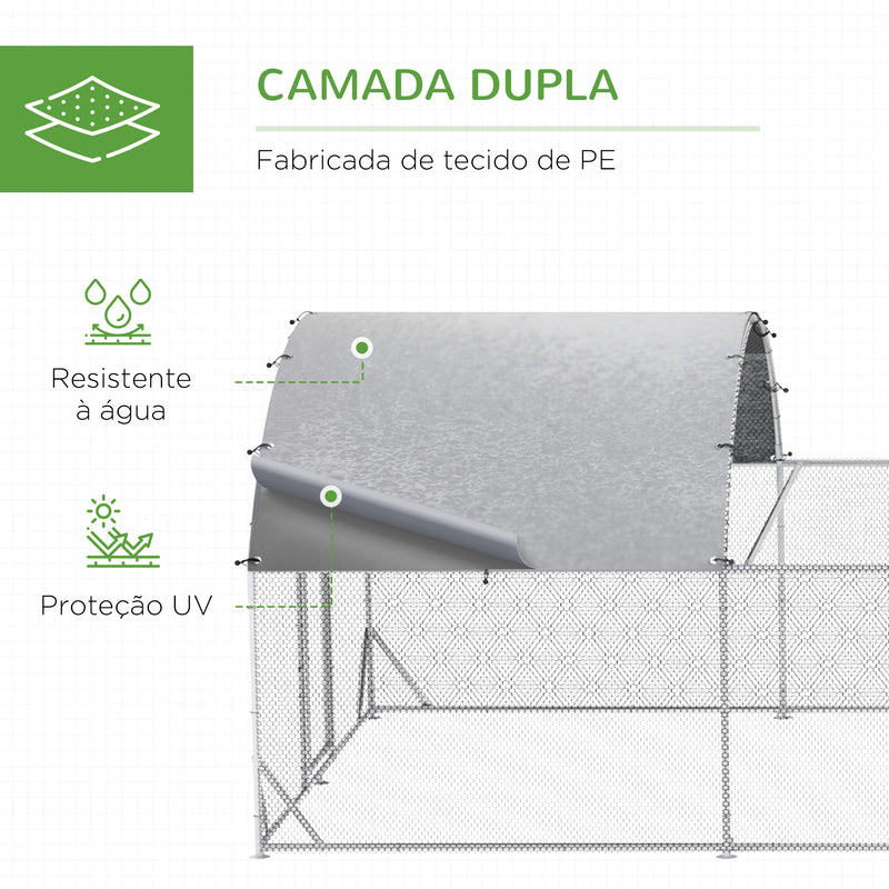 Galinheiro Exterior de Aço Galvanizado 7,6x2,8x1,95m Galinheiro Grande com 4 Ambientes Teto Coberto e Grade para 20-24 Galinhas Coelhos Patos Prata