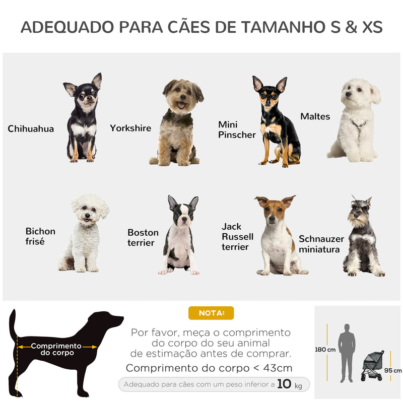 Carrinho para Animais de Estimação Dobrável Carro para Cães e Gatos com Capô Ajustável Cesta de Armazenamento Cinto de Segurança Tecido Oxford 600D Aço 76,5x52x95cm Cinza