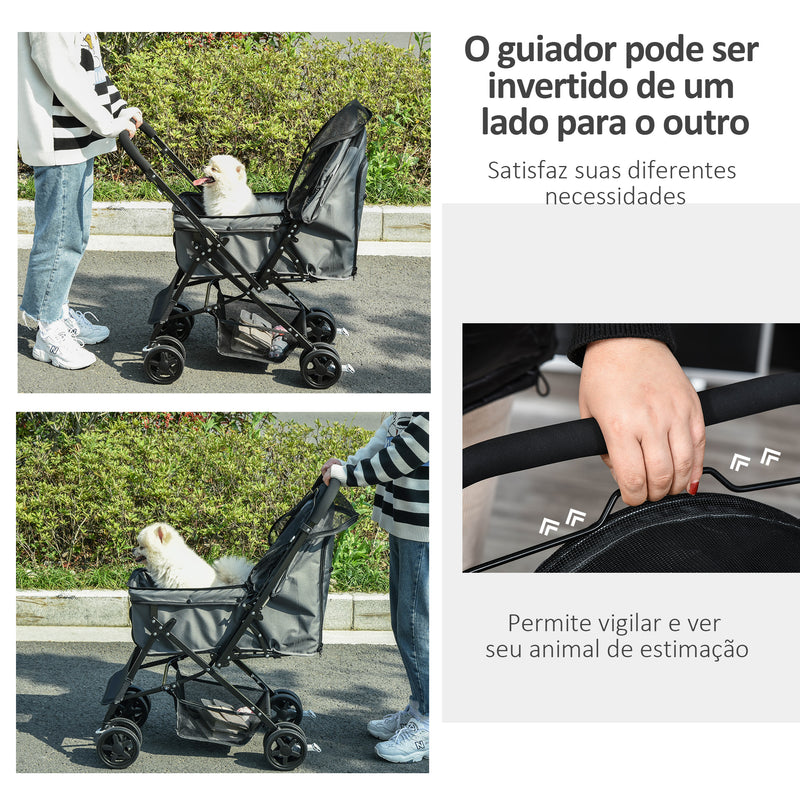 Carrinho para Animais de Estimação Dobrável Carro para Cães e Gatos com Capô Ajustável Cesta de Armazenamento Cinto de Segurança Tecido Oxford 600D Aço 76,5x52x95cm Cinza