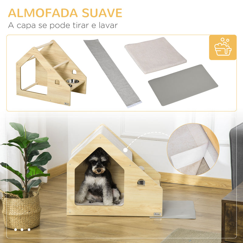 Casa para Cães de Madeira Casa de Interior para Cães com Comedouro 2 Tigelas de Aço Inoxidável e Almofada Suave Removível 62x40x54cm Carvalho e Cinza