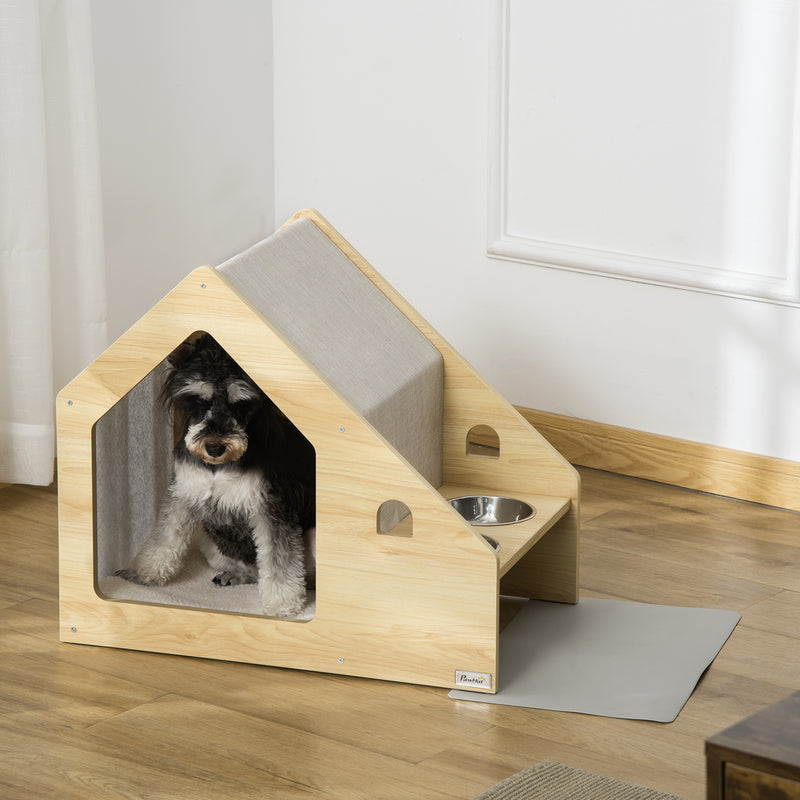 Casa para Cães de Madeira Casa de Interior para Cães com Comedouro 2 Tigelas de Aço Inoxidável e Almofada Suave Removível 62x40x54cm Carvalho e Cinza