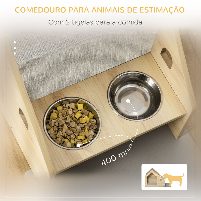 Casa para Cães de Madeira Casa de Interior para Cães com Comedouro 2 Tigelas de Aço Inoxidável e Almofada Suave Removível 62x40x54cm Carvalho e Cinza