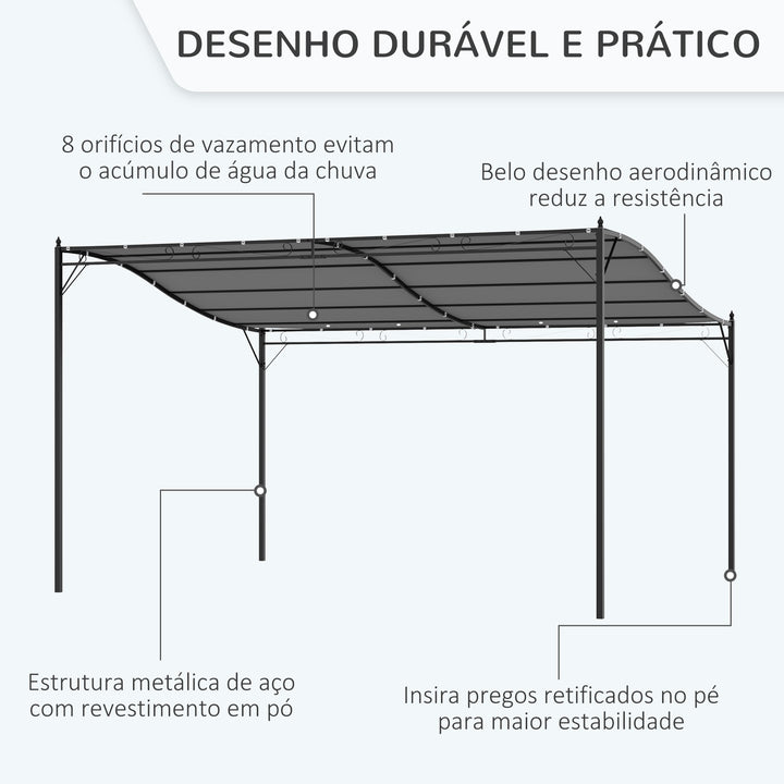 Pérgola de Jardim 4x3m Pérgola com Toldo e 4 Orifícios de Drenagem para Pátio Terraço Metal e Poliéster 180 g/m² Resistente Cinza