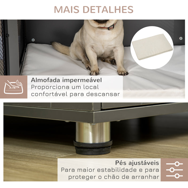 Gaiola para Cães Médios Mesa Auxiliar com 2 Portas Trava Almofada de Tecido Oxford Amovível Grades de Aço Gaiola para Cães de Interior 80x55x70cm Cinza