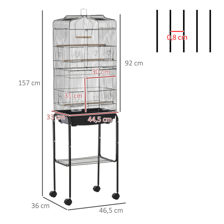 Gaiola para Passáros com Suporte Gaiola Metálica de Aves Canários com 4 Rodas Portas 4 Comedouros 3 Poleiros Bandeja Removível e Prateleira Inferior 46,5x36x157cm Preto