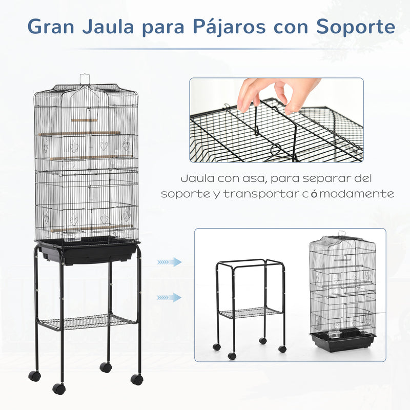 Gaiola para Passáros com Suporte Gaiola Metálica de Aves Canários com 4 Rodas Portas 4 Comedouros 3 Poleiros Bandeja Removível e Prateleira Inferior 46,5x36x157cm Preto