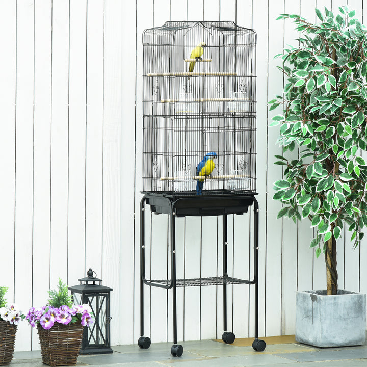Gaiola para Passáros com Suporte Gaiola Metálica de Aves Canários com 4 Rodas Portas 4 Comedouros 3 Poleiros Bandeja Removível e Prateleira Inferior 46,5x36x157cm Preto