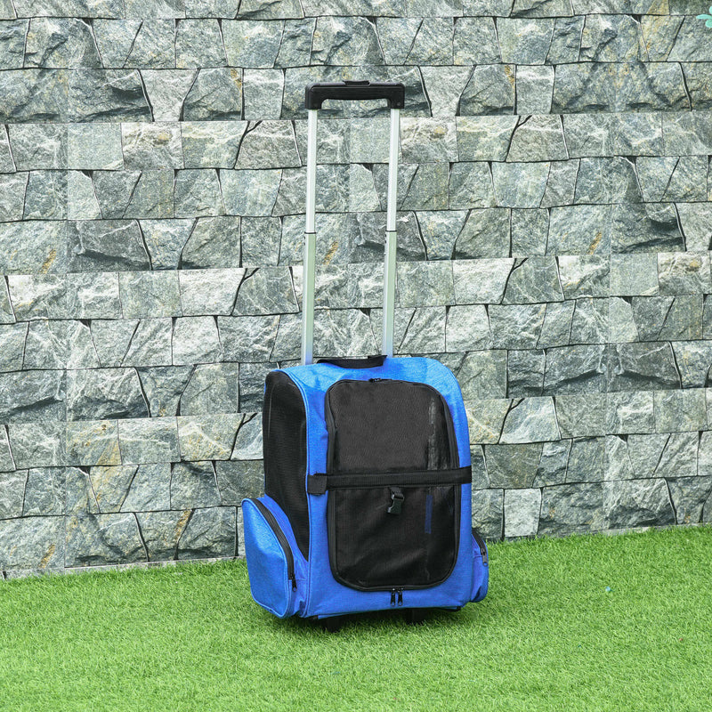 Transportadora para Animais de Estimação 2 em 1 Mochila de Viagem com 2 Rodas para Cães Gatos com Alça Retrátil de Alumínio e Bolso de Armazenamento 42x25x55cm Azul