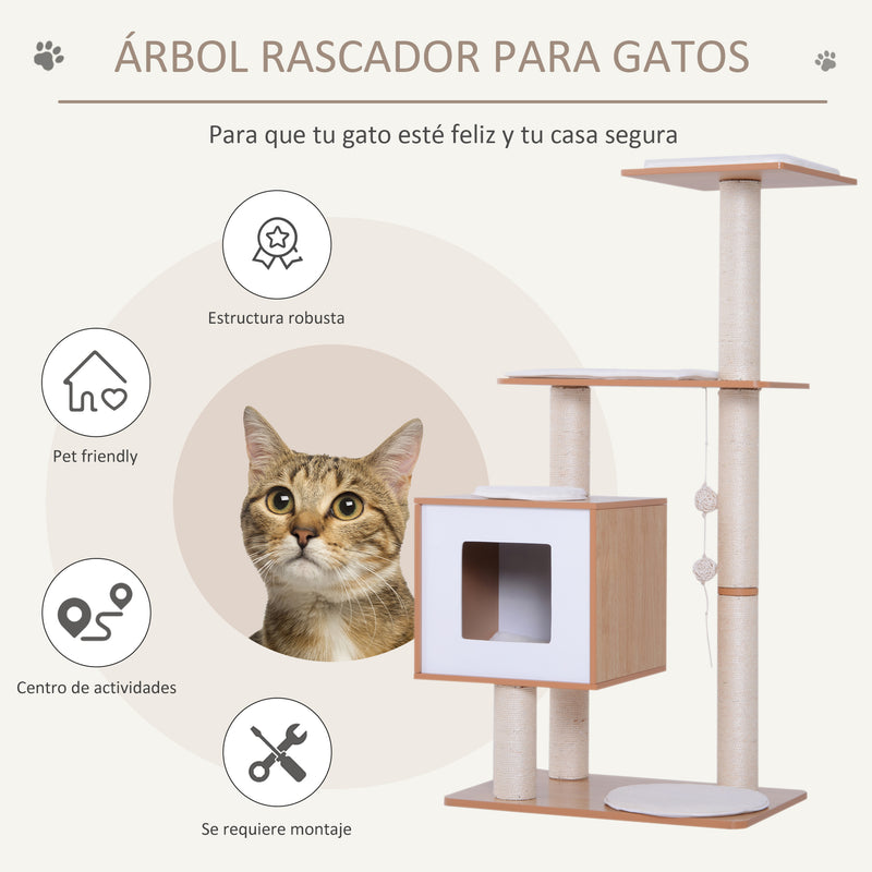 Árvore Arranhadora para Gatos de Madeira 71,5x49,5x120cm Torre para Gatos com Caverna Plataformas Postes Arranhadores de Sisal Almofadas de Pelúcia Suave e Bolas Suspensas Natural