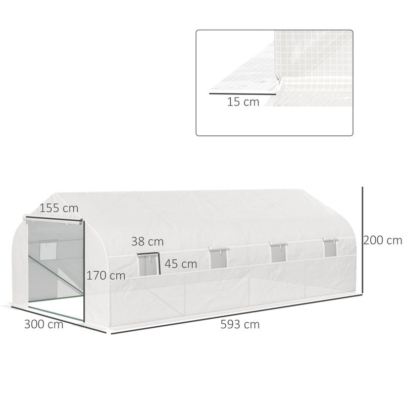 Estufa de jardim tipo túnel com 8 janelas respiráveis e porta de enrolar com zíper de aço 600x300x200 cm Branco