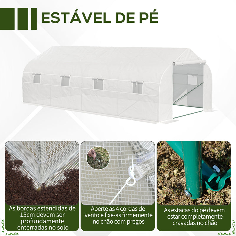 Estufa de jardim tipo túnel com 8 janelas respiráveis e porta de enrolar com zíper de aço 600x300x200 cm Branco