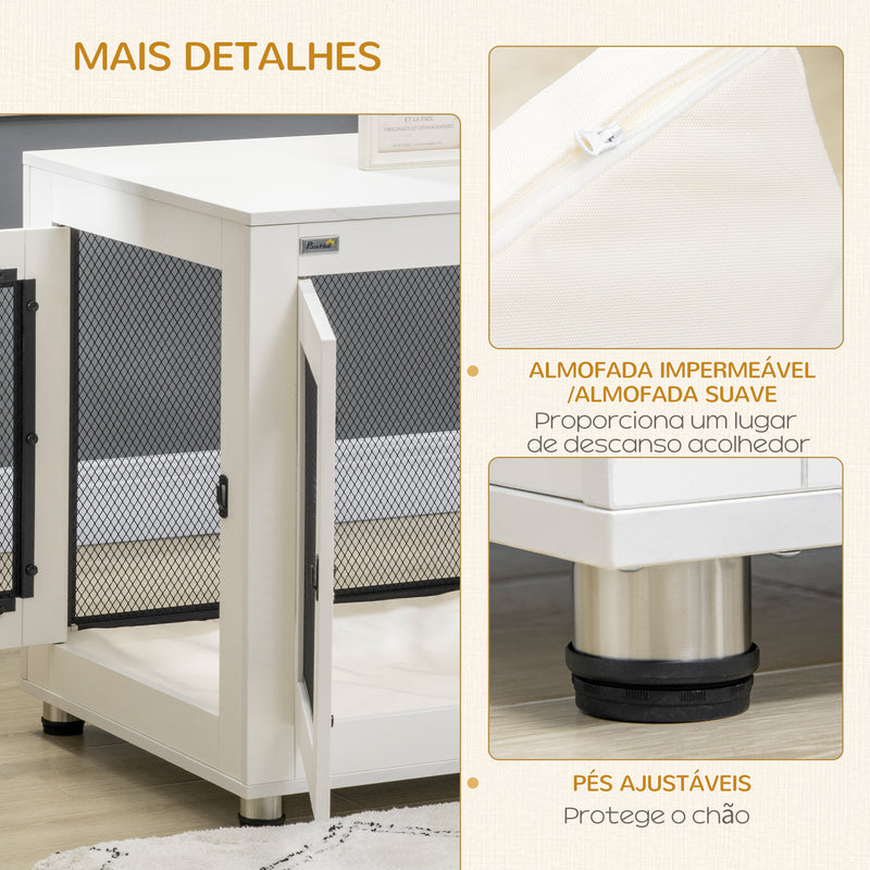 Gaiola para Cães de Madeira Mesa de Centro 94x60x71,5cm Móvel com 2 Portas com Fechadura Almofada de Tecido Oxford e Grades de Aço Branco