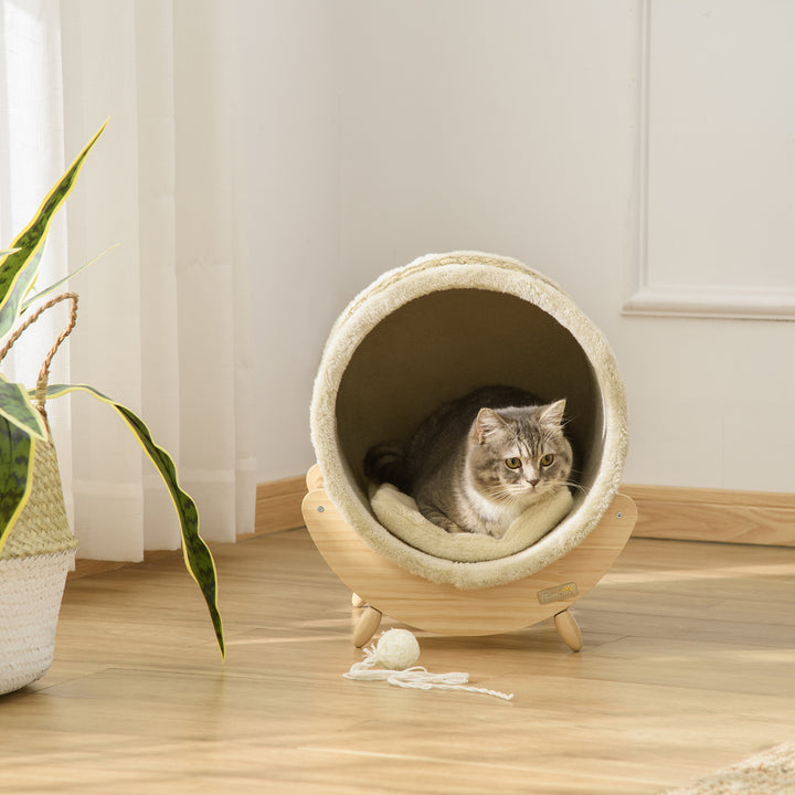 Cama Elevada para Gatos Caverna para Animais de Estimação Aparência de Barril com Superfície de Corda de Algas para Arranhar Almofada e 4 Pés de Madeira 41x38x43cm Madeira